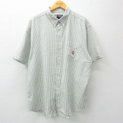 XL★古着 ラルフローレン Ralph Lauren チャップス 半袖 ブランド シャツ メンズ 90年代 90s ワンポイントロゴ シアサッカー 大きいサイズ ロング丈 コットン ボタンダウン 薄緑他 グリーン ストライプ 【spe】 24mar01 中古 トップス