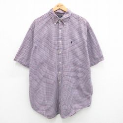 【30%OFF】XL★古着 ラルフローレン Ralph Lauren 半袖 ブランド シャツ メンズ ワンポイントロゴ 大きいサイズ ロング丈 コットン ボタンダウン 紺他 ネイビー チェック 24mar01 中古 トップス
