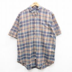 【20%OFF】XL★古着 ラルフローレン Ralph Lauren 半袖 ブランド シャツ メンズ 90年代 90s ワンポイントロゴ ロング丈 コットン ボタンダウン 紺他 ネイビー チェック 【spe】 24mar01 中古 トップス
