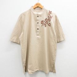 XL★古着 半袖 トップス メンズ 刺繍 ノーカラー ベージュ他 カーキ 24mar05 中古