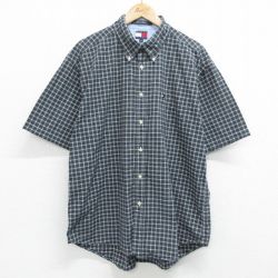 XL★古着 トミーヒルフィガー TOMMY HILFIGER 半袖 ブランド シャツ メンズ 90年代 90s ワンポイントロゴ 大きいサイズ コットン ボタンダウン 濃緑他 グリーン チェック 24mar08 中古 トップス
