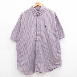 XL★古着 ラルフローレン Ralph Lauren ポロスポーツ 半袖 ブランド シャツ メンズ ワンポイントロゴ 大きいサイズ ロング丈 コットン ボタンダウン 紺他 ネイビー チェック 24mar08 中古 トップス