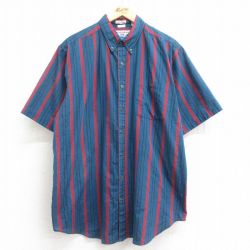XL★古着 マンハッタン 半袖 シャツ メンズ 90年代 90s 大きいサイズ ロング丈 ボタンダウン 紺他 ネイビー ストライプ 24mar22 中古 トップス