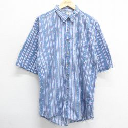 L★古着 半袖 シャツ メンズ 90年代 90s ロング丈 コットン 紺他 ネイビー ストライプ 24mar29 中古 トップス