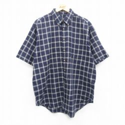 XL★古着 半袖 シャツ メンズ 00年代 00s 大きいサイズ ロング丈 コットン ボタンダウン 紺他 ネイビー チェック 24apr04 中古 トップス