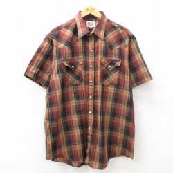 XL★古着 ELY 半袖 ウエスタン シャツ メンズ 90年代 90s 大きいサイズ ロング丈 茶他 ブラウン チェック 24apr10 中古 トップス