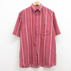 L★古着 キー KEY 半袖 シャツ メンズ 90年代 90s 赤他 レッド ストライプ 24apr10 中古 トップス