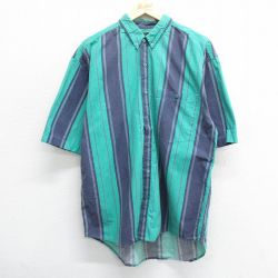 L★古着 半袖 シャツ メンズ 00年代 00s コットン ボタンダウン 緑他 グリーン ストライプ 24apr11 中古 トップス