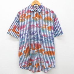 【50%OFF】L★古着 半袖 シャツ メンズ 00年代 00s 紺 ネイビー ストライプ 24apr24 中古 トップス