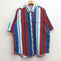 【50%OFF】XL★古着 半袖 シャツ メンズ 90年代 90s 大きいサイズ コットン ボタンダウン 白他 ホワイト ストライプ 【spe】 24apr26 中古 トップス