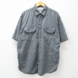 XL★古着 半袖 シャツ メンズ 00年代 00s ロング丈 コットン 紺他 ネイビー チェック 24may06 中古 トップス