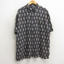 【50%OFF】XL★古着 半袖 シャツ メンズ 総柄 大きいサイズ レーヨン 紺他 ネイビー 24may16 中古 トップス