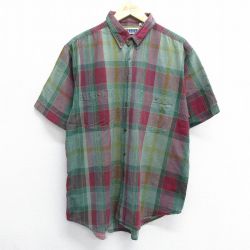 XL★古着 半袖 シャツ メンズ 00年代 00s コットン ボタンダウン 緑他 グリーン チェック 24may24 中古 トップス