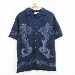 L★古着 半袖 シャツ メンズ 00年代 00s ドラゴン 龍 開襟 オープンカラー 濃紺他 ネイビー 24may31 中古 トップス
