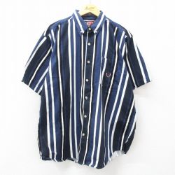 XL★古着 半袖 シャツ メンズ 00年代 00s ヘリンボーン 大きいサイズ コットン ボタンダウン 紺他 ネイビー ストライプ 24jun11 中古 トップス