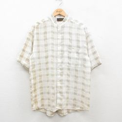 【50%OFF】L★古着 半袖 シャツ メンズ スタンドカラー ベージュ他 カーキ チェック 24jun13 中古 トップス