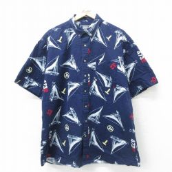 XL★古着 半袖 シャツ メンズ 00年代 00s ヨット 大きいサイズ ロング丈 コットン ボタンダウン 紺他 ネイビー 24jun14 中古 トップス