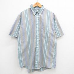 L★古着 アロー 半袖 シャツ メンズ 90年代 90s ボタンダウン USA製 薄紺 ネイビー ストライプ 24jun22 中古 トップス