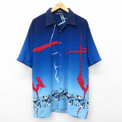 XL★古着 半袖 シャツ メンズ ロング丈 開襟 オープンカラー 紺他 ネイビー 24jul01 中古 トップス