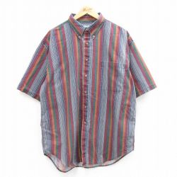 【50%OFF】XL★古着 半袖 シャツ メンズ ロング丈 コットン ボタンダウン エンジ 24jul20 中古 トップス