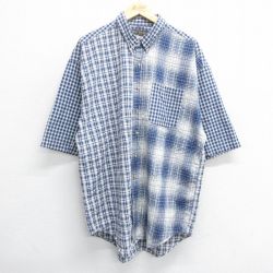 【50%OFF】XL★古着 半袖 シャツ メンズ 00年代 00s シアサッカー ロング丈 大きいサイズ コットン ボタンダウン 紺他 ネイビー チェック 【spe】 24aug02 中古 トップス