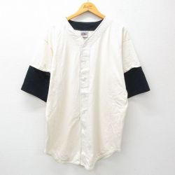 L★古着 半袖 ベースボール シャツ メンズ 90年代 90s 大きいサイズ ロング丈 コットン USA製 生成り他 25mar31 中古 トップス