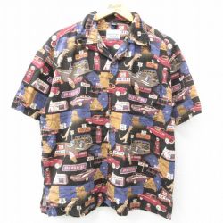 XL★古着 半袖 シャツ メンズ ルート66 車 クラシックカー 大きいサイズ 開襟 オープンカラー 黒 ブラック 25mar31 中古 トップス