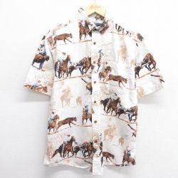 L★古着 半袖 シャツ メンズ 馬 コットン ボタンダウン 薄ベージュ カーキ 25mar31 中古 トップス