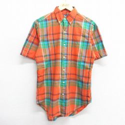 M★古着 ラルフローレン Ralph Lauren 半袖 ブランド シャツ メンズ 90年代 90s ワンポイントロゴ コットン ボタンダウン オレンジ他 チェック 25mar31 中古 トップス
