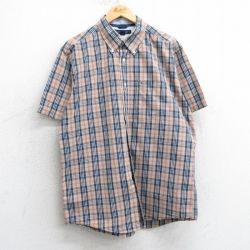 L★古着 トミーヒルフィガー TOMMY HILFIGER 半袖 ブランド シャツ メンズ ワンポイントロゴ コットン ボタンダウン ベージュ他 カーキ チェック 25apr01 中古 トップス