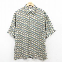 L★古着 ピエールカルダン pierre cardin 半袖 ブランド シャツ メンズ 90年代 90s 大きいサイズ レーヨン ベージュ他 カーキ チェック 25apr01 中古 トップス