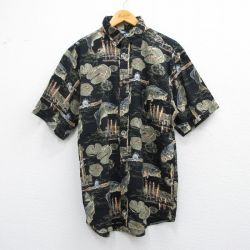 M★古着 半袖 シャツ メンズ 魚 ルアー 釣り竿 黒他 ブラック 25apr02 中古 トップス