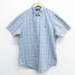 L★古着 ラルフローレン Ralph Lauren 半袖 ブランド シャツ メンズ ワンポイントロゴ コットン ボタンダウン 薄紺他 ネイビー チェック 25apr02 中古 トップス
