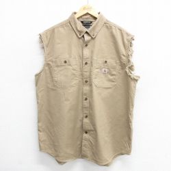 XL★古着 カーハート Carhartt ノースリーブ シャツ メンズ 大きいサイズ ロング丈 ボタンダウン ベージュ カーキ 25apr02 中古 トップス