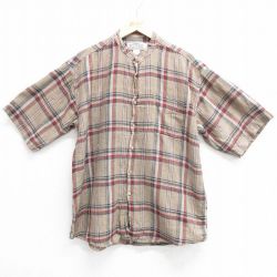 L★古着 半袖 シャツ メンズ コットン ノーカラー 茶他 ブラウン チェック 25apr02 中古 トップス