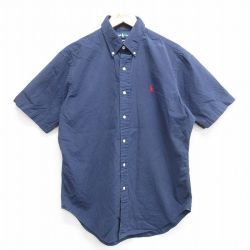 L★古着 ラルフローレン Ralph Lauren 半袖 ブランド シャツ メンズ 90年代 90s ワンポイントロゴ コットン ボタンダウン 紺 ネイビー 25apr02 中古 トップス
