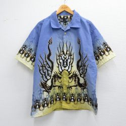 L★古着 半袖 シャツ メンズ 00年代 00s 龍 トライバル柄 薄紺他 ネイビー 25apr03 中古 トップス