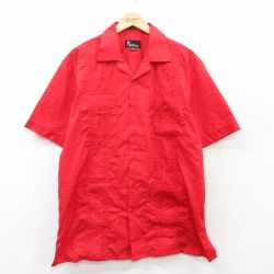 L★古着 半袖 キューバ シャツ メンズ 刺繍 赤 レッド 25apr03 中古 トップス