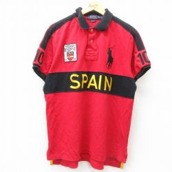 L★古着 ラルフローレン Ralph Lauren 半袖 ブランド ラガー シャツ メンズ ビッグポニー スペイン 刺繍 鹿の子 コットン 赤他 レッド 【spe】 25apr03 中古 トップス