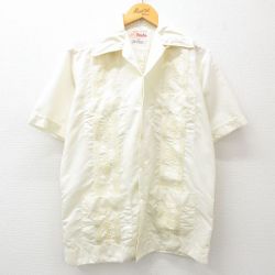 L★古着 半袖 キューバ シャツ メンズ 80年代 80s 刺繍 開襟 オープンカラー 薄黄 イエロー 25apr03 中古 トップス