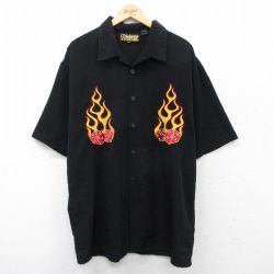 XL★古着 半袖 シャツ メンズ サイコロ ロング丈 開襟 オープンカラー 黒 ブラック 【spe】 25apr04 中古 トップス
