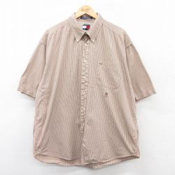 XL★古着 トミーヒルフィガー TOMMY HILFIGER 半袖 ブランド シャツ メンズ 90年代 90s ワンポイントロゴ 大きいサイズ ロング丈 コットン ボタンダウン ベージュ系他 カーキ チェック 25apr04 中古 トップス