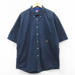 XL★古着 トミーヒルフィガー TOMMY HILFIGER 半袖 ブランド シャツ メンズ 90年代 90s ワンポイントロゴ 大きいサイズ ロング丈 コットン ボタンダウン 紺 ネイビー 25apr04 中古 トップス