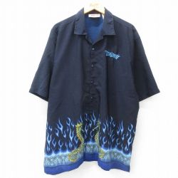 XL★古着 半袖 シャツ メンズ タツノオトシゴ ラスベガス 大きいサイズ ロング丈 開襟 オープンカラー 濃紺他 ネイビー 【spe】 25apr04 中古 トップス