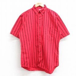 L★古着 ビューグルボーイ 半袖 シャツ メンズ 00年代 00s ワンポイントロゴ コットン ボタンダウン 赤 レッド ストライプ 25apr04 中古 トップス