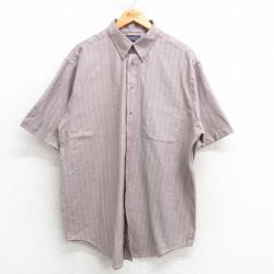 XL★古着 半袖 シャツ メンズ 00年代 00s ヘリンボーン ロング丈 ボタンダウン 薄茶他 ブラウン ストライプ 25apr04 中古 トップス