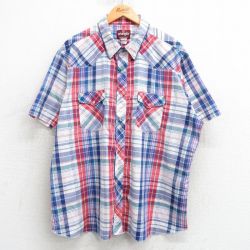 XL★古着 ラングラー Wrangler 半袖 ウエスタン シャツ メンズ 紺他 ネイビー チェック 25apr04 中古 トップス