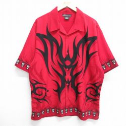 【50%OFF】XL★古着 no boundaries 半袖 シャツ メンズ 00年代 00s トライバル柄 開襟 オープンカラー 赤 レッド 【spe】 25apr04 中古 トップス