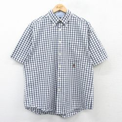 XL★古着 トミーヒルフィガー TOMMY HILFIGER 半袖 ブランド シャツ メンズ ワンポイントロゴ コットン ボタンダウン 紺他 ネイビー チェック 25apr05 中古 トップス