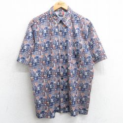 L★古着 アリゾナジーンズ 半袖 シャツ メンズ 00年代 00s 総柄 メッシュ地 紺他 ネイビー 25apr05 中古 トップス